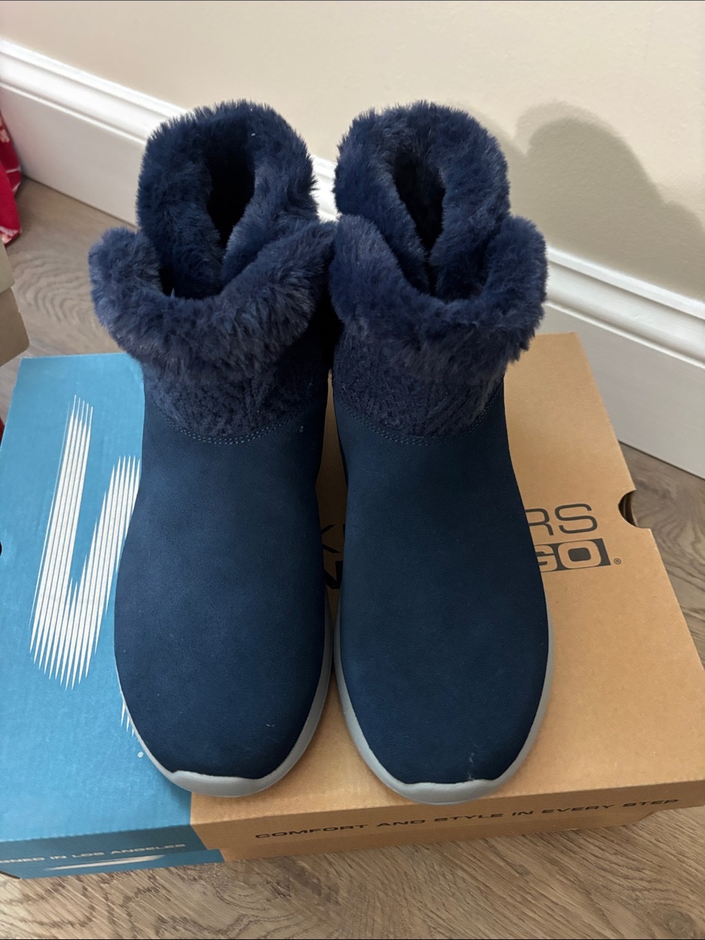 Skechers Navy Faux-Fur Cuffed Winter Booties